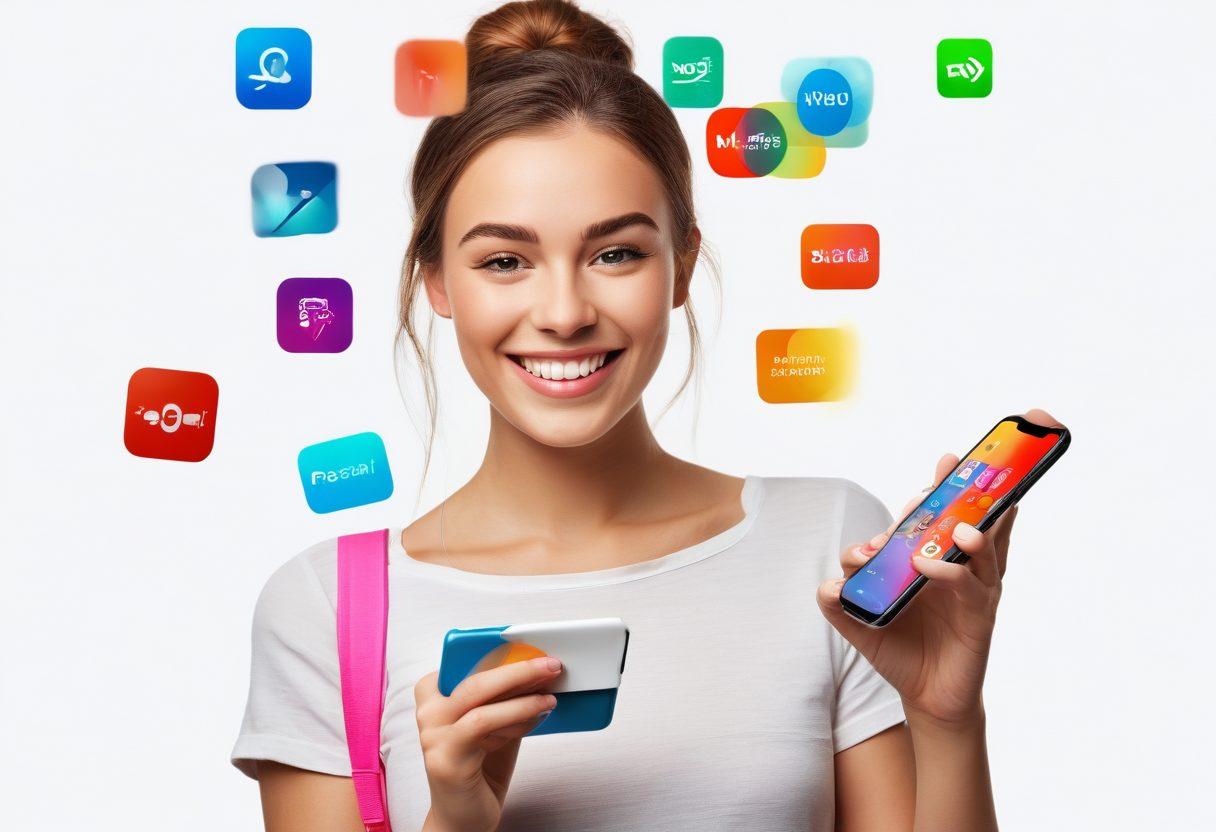 A person holding a smartphone with vibrant app icons on the screen, smiling with a sense of freedom and satisfaction. The background shows various smartphone accessories, prepaid cards, and a 'No-Contract' sign symbolizing convenience and cost-effectiveness. Modern and tech-savvy atmosphere with clean lines and bright colors. super-realistic. vibrant colors. white background.
