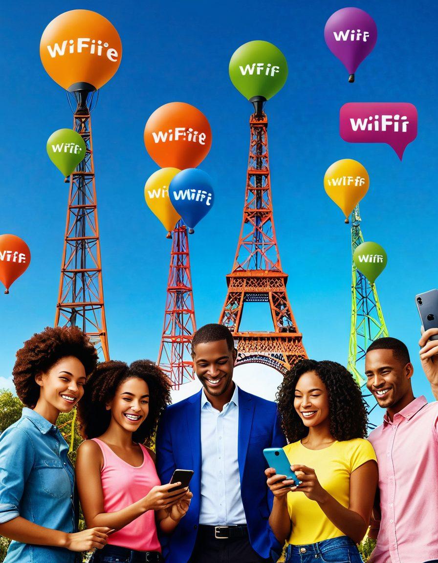 A diverse group of people happily using their smartphones, surrounded by vibrant symbols of wireless connectivity like WiFi signals and mobile towers. Include a large banner overhead showing affordable price tags and the Tracfone logo. sunny outdoor setting with clear blue skies. super-realistic. vibrant colors. friendly atmosphere.
