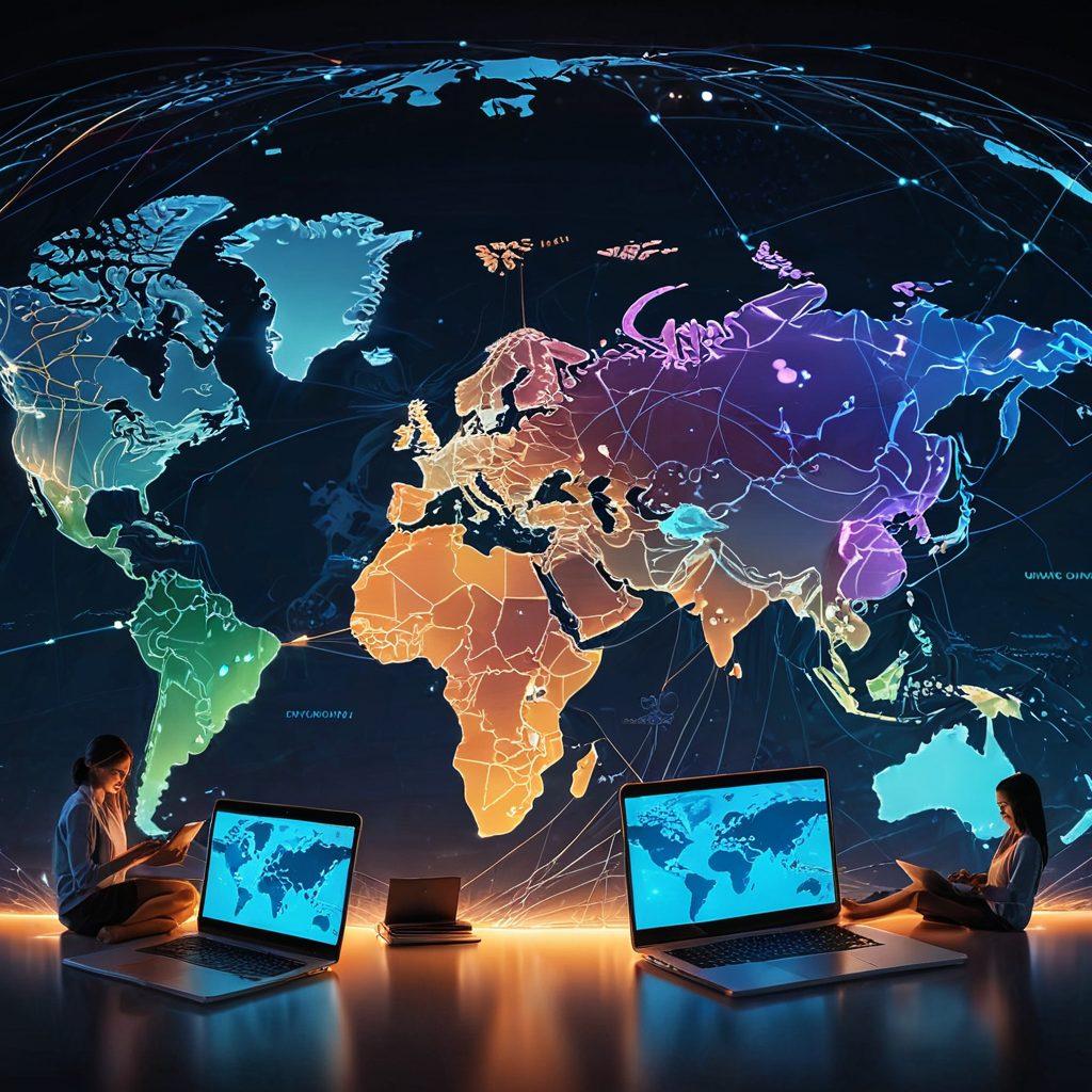 A vibrant, super-realistic depiction of a world map with various countries connected by glowing lines, symbolizing international calls. Include diverse people using smartphones and laptops at different locations on the map, showcasing seamless communication. Integrate icons for data plans and affordability around the map. Super-realistic. Vibrant colors.